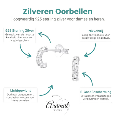 Zilveren Halve Hoepel Oorbellen met Kristal - Aramat Jewels - Oorbellen - cadeautip