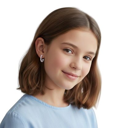Aramat Jewels silver half hoop earrings with pink cubic zirconia stones, 14mm diameter.
