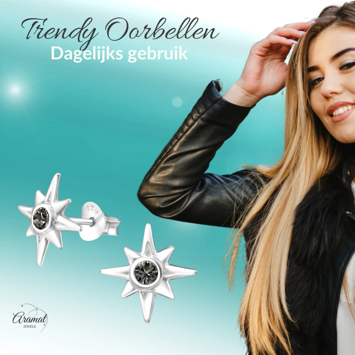 Zilveren Ishtar Ster Oorbellen - Black Diamond Kristal - oor749 - 32769 - Oorbellen kopen# - 11mm - 925 Zilver