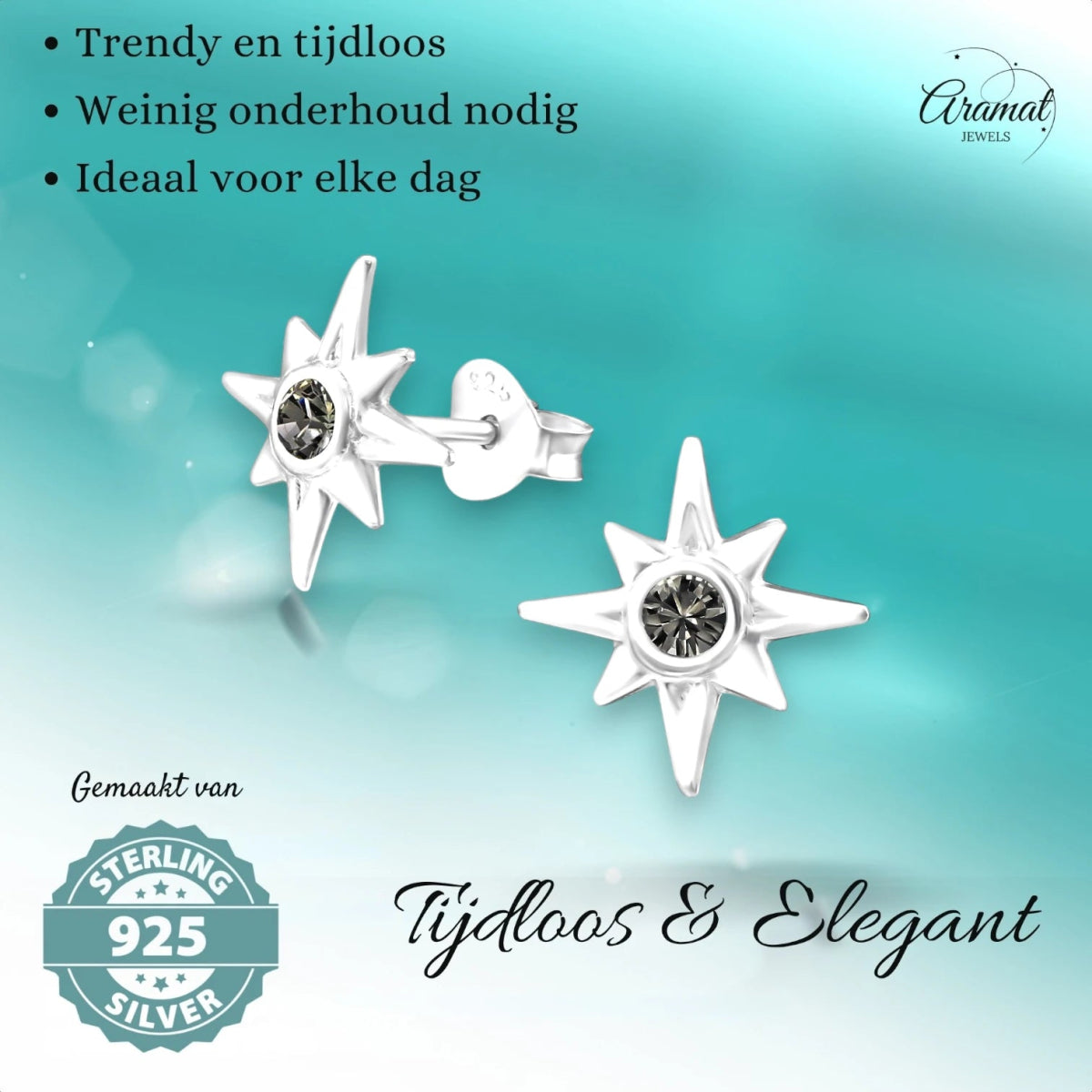 Zilveren Ishtar Ster Oorbellen - Black Diamond Kristal - oor749 - 32769 - Oorbellen kopen# - 11mm - 925 Zilver