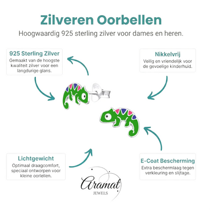 Zilveren Kameleon Oorbellen - Groene Emaille - Aramat Jewels - Oorbellen - cadeautip