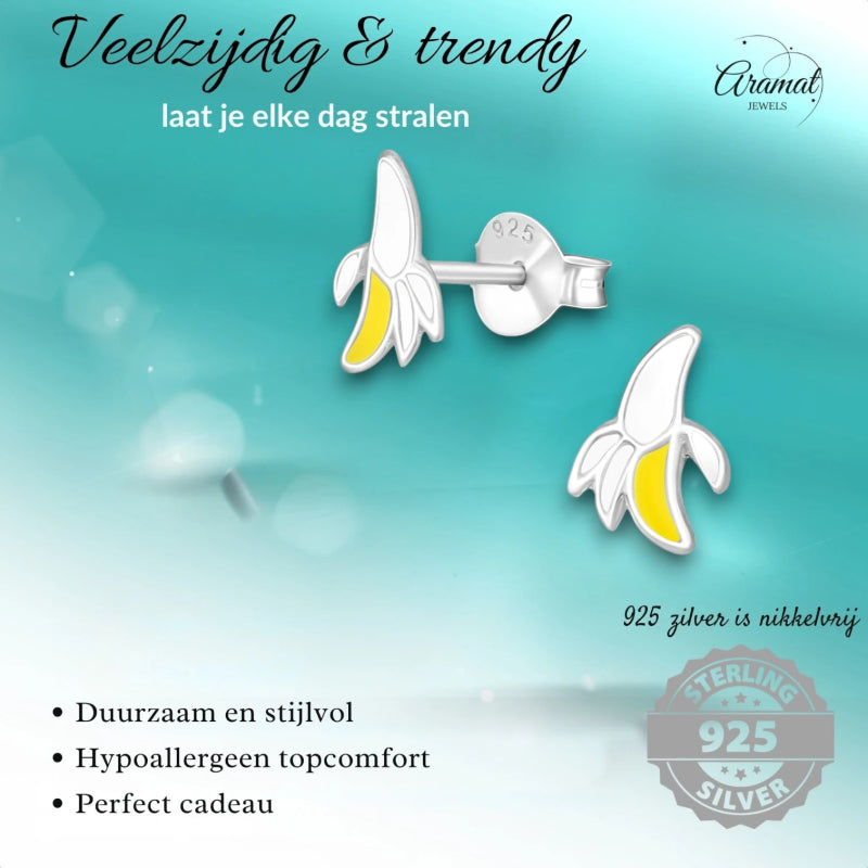 Zilveren kinder oorbellen met banaan - oor4903 - 21954 - Oorbellen kopen# - 8mm - 925 Zilver - alles