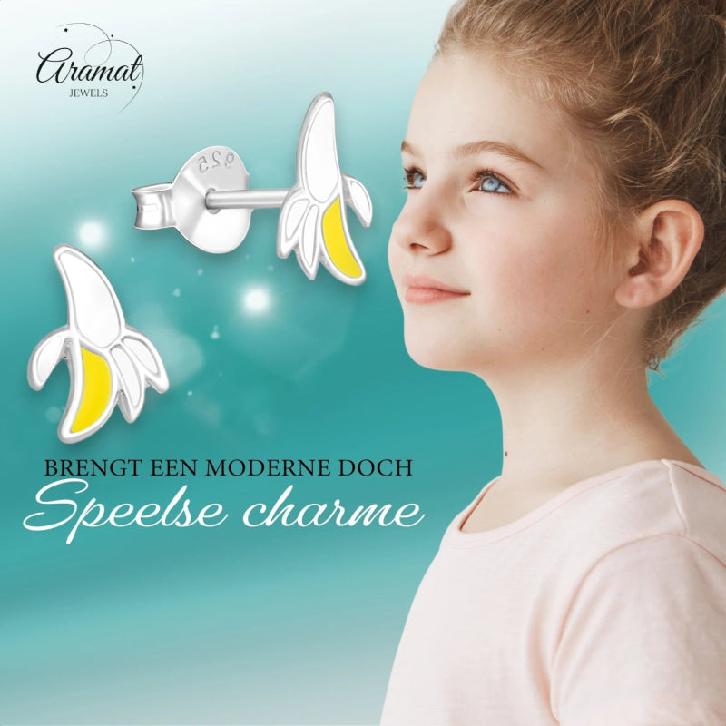 Zilveren kinder oorbellen met banaan - oor4903 - 21954 - Oorbellen kopen# - 8mm - 925 Zilver - alles