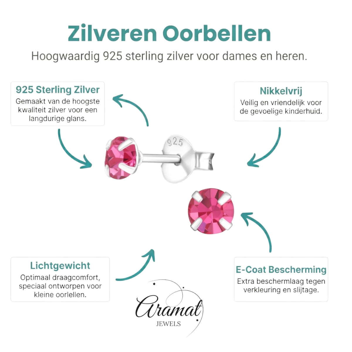Zilveren Kinder Oorbellen - Roze Kristal 4mm - Aramat Jewels - Oorbellen - cadeautip