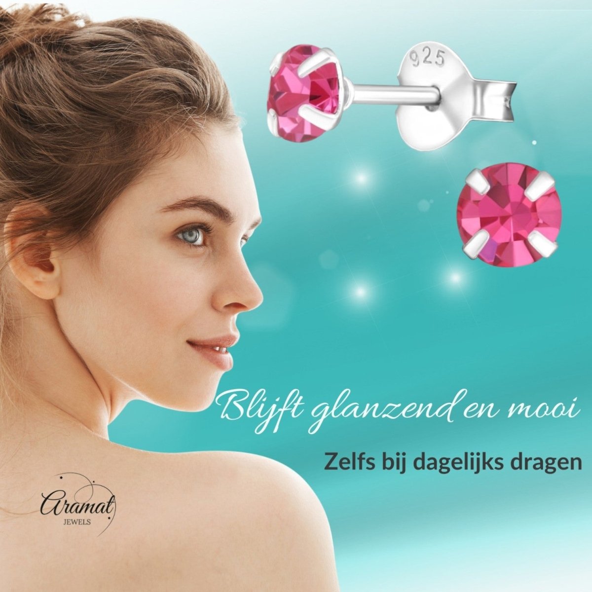 Zilveren Kinder Oorbellen - Roze Kristal 4mm - Aramat Jewels - Oorbellen - cadeautip