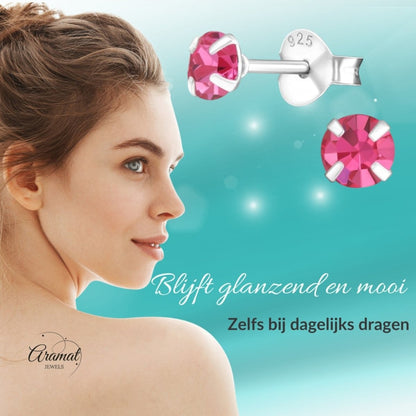 Zilveren Kinder Oorbellen - Roze Kristal 4mm - Aramat Jewels - Oorbellen - cadeautip
