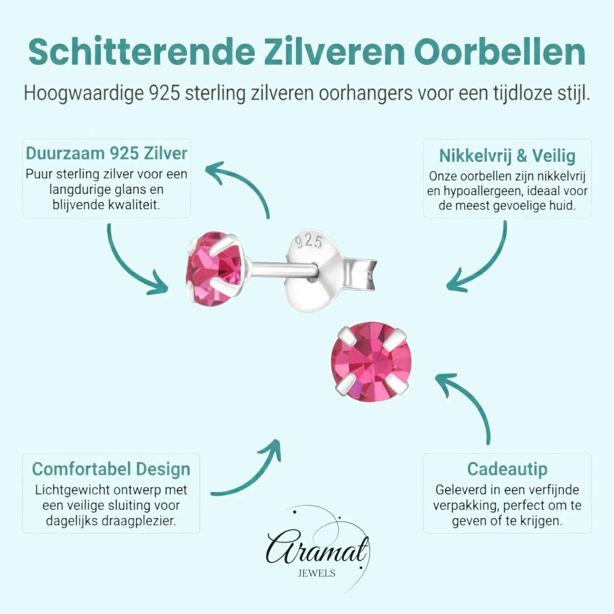 Zilveren Kinder Oorbellen - Roze Kristal 4mm - Aramat Jewels - Oorbellen - cadeautip