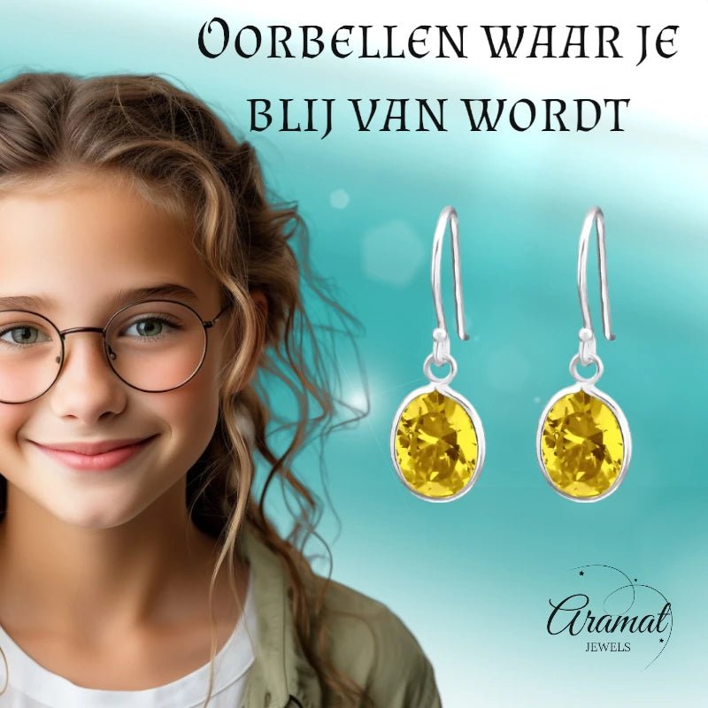 Zilveren Kinder Oorhangers Ovaal | Geel - oor2010 - 19108 - Oorhangers kopen# - 20mm - 925 Zilver - alles