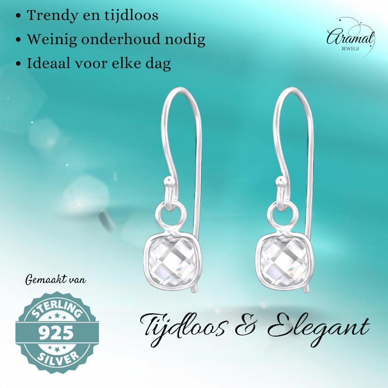 Zilveren Kinder Oorhangers - Vierkante Zirkonia - oor1181 - 27910 - Oorhangers kopen# - 15mm - 925 Zilver - alles