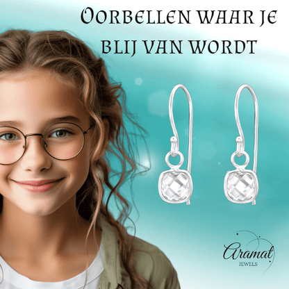 Zilveren Kinder Oorhangers - Vierkante Zirkonia - oor1181 - 27910 - Oorhangers kopen# - 15mm - 925 Zilver - alles