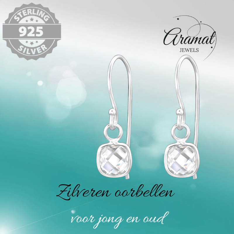 Zilveren Kinder Oorhangers - Vierkante Zirkonia - oor1181 - 27910 - Oorhangers kopen# - 15mm - 925 Zilver - alles