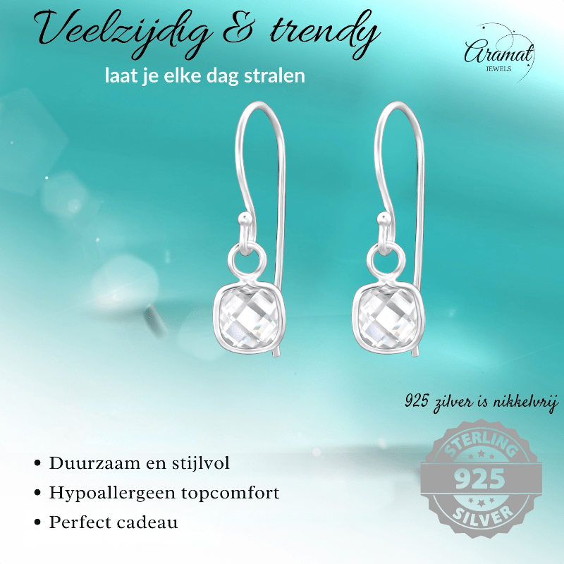 Zilveren Kinder Oorhangers - Vierkante Zirkonia - oor1181 - 27910 - Oorhangers kopen# - 15mm - 925 Zilver - alles