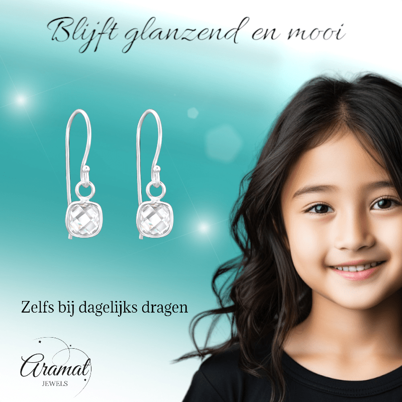Zilveren Kinder Oorhangers - Vierkante Zirkonia - oor1181 - 27910 - Oorhangers kopen# - 15mm - 925 Zilver - alles