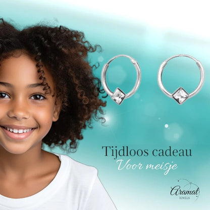 Zilveren Kinder Oorringen - Vierkante Kristal - 10mm - oor474 - Oorringen kopen# - 10mm - 925 Zilver