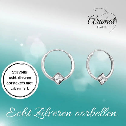 Zilveren Kinder Oorringen - Vierkante Kristal - 10mm - oor474 - Oorringen kopen# - 10mm - 925 Zilver