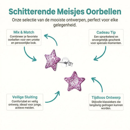 Zilveren Kinderoorbellen Paarse Glitter Ster 9mm - Aramat Jewels - Oorbellen - cadeautip