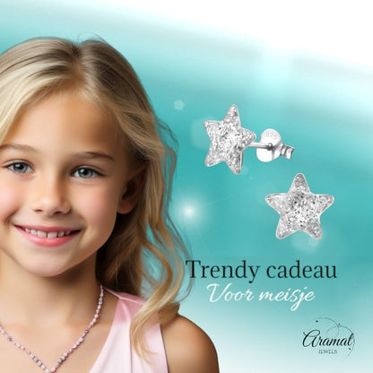 Zilveren Kinderoorbellen Transparante Glitter Ster 9mm - Aramat Jewels - Oorbellen - cadeautip