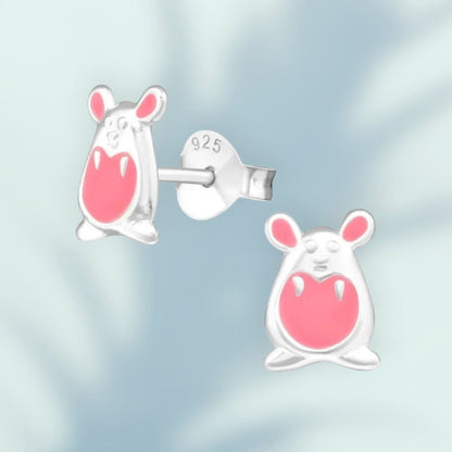 Aramat Jewels silver rabbit stud earrings with pink enamel detail, 9x5mm, perfect for children.