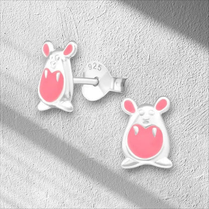 Aramat Jewels silver rabbit stud earrings with pink enamel detail, 9x5mm, perfect for children.