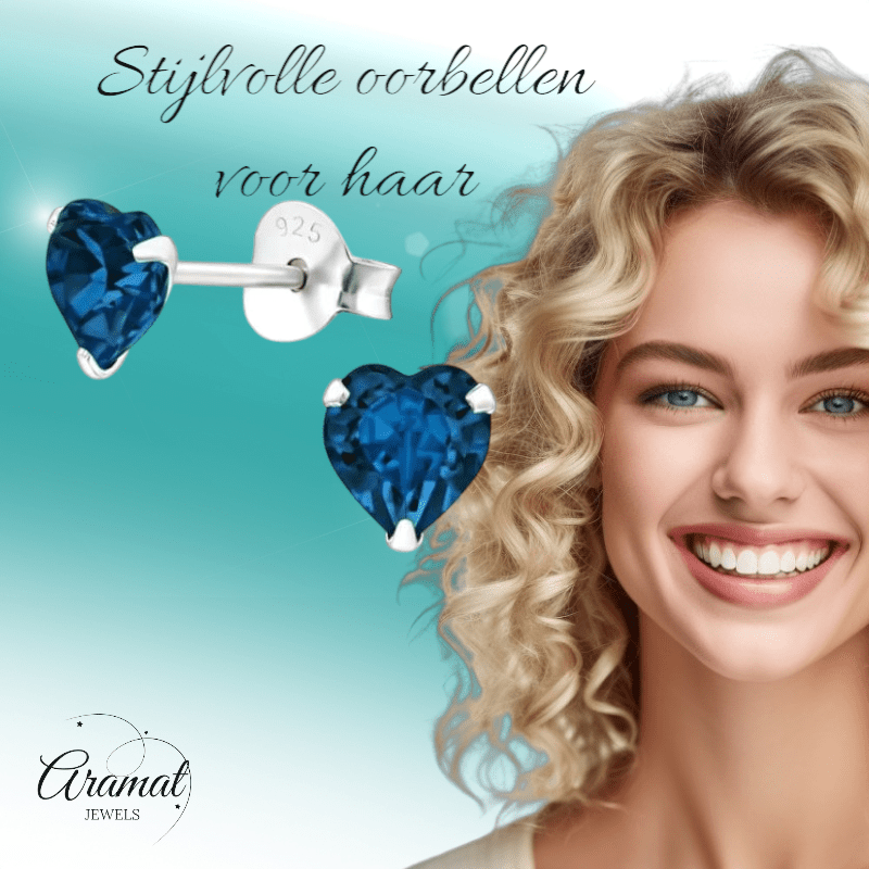 Zilveren Kristal Hartjes Oorbellen Donker Blauw - oor2301 - 24394 - Oorbellen kopen# - 5mm - 925 Zilver - alles