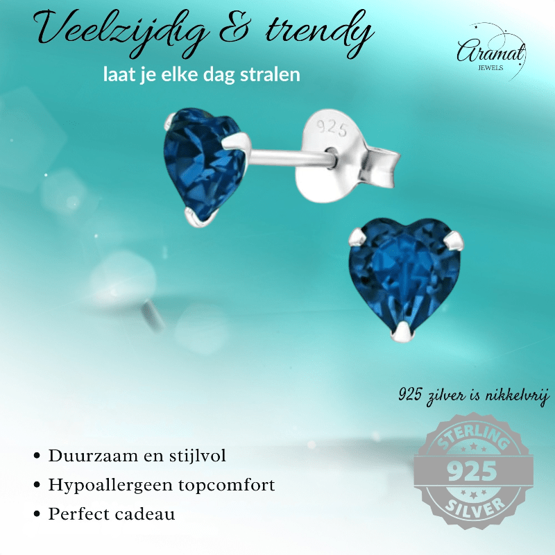 Zilveren Kristal Hartjes Oorbellen Donker Blauw - oor2301 - 24394 - Oorbellen kopen# - 5mm - 925 Zilver - alles
