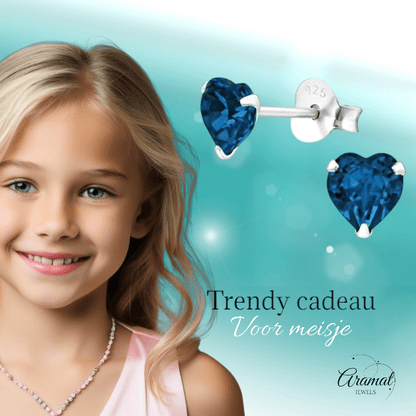 Zilveren Kristal Hartjes Oorbellen Donker Blauw - oor2301 - 24394 - Oorbellen kopen# - 5mm - 925 Zilver - alles