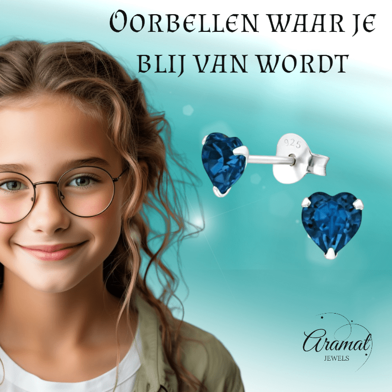 Zilveren Kristal Hartjes Oorbellen Donker Blauw - oor2301 - 24394 - Oorbellen kopen# - 5mm - 925 Zilver - alles