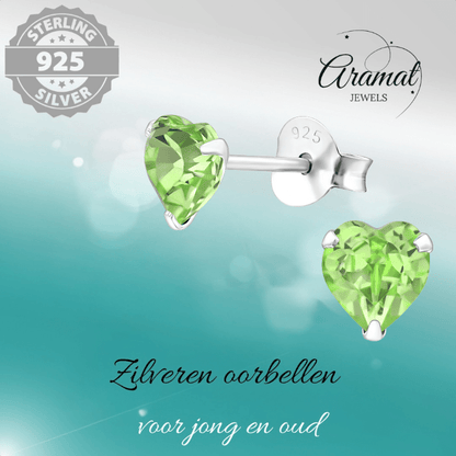 Zilveren Kristal Hartjes Oorbellen Peridot Groen - oor2019 - 24394 - Oorbellen kopen# - 5mm - 925 Zilver - alles
