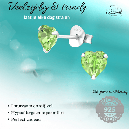 Zilveren Kristal Hartjes Oorbellen Peridot Groen - oor2019 - 24394 - Oorbellen kopen# - 5mm - 925 Zilver - alles