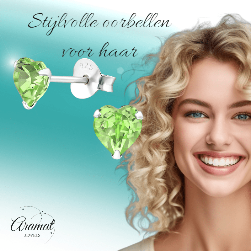 Zilveren Kristal Hartjes Oorbellen Peridot Groen - oor2019 - 24394 - Oorbellen kopen# - 5mm - 925 Zilver - alles