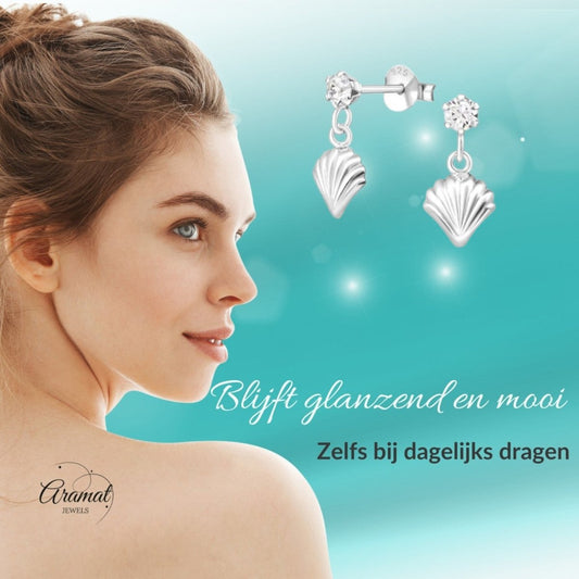 Zilveren Kristal Oorbellen met Schelp Hanger - Aramat Jewels - Oorbellen - cadeautip