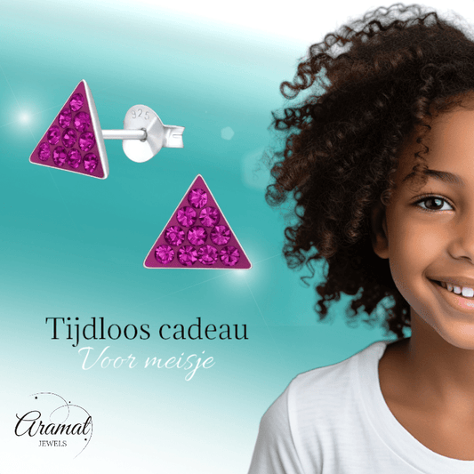 Zilveren Kristallen Oorbellen Driehoek - Donker Roze - Aramat Jewels - Oorbellen - cadeautip
