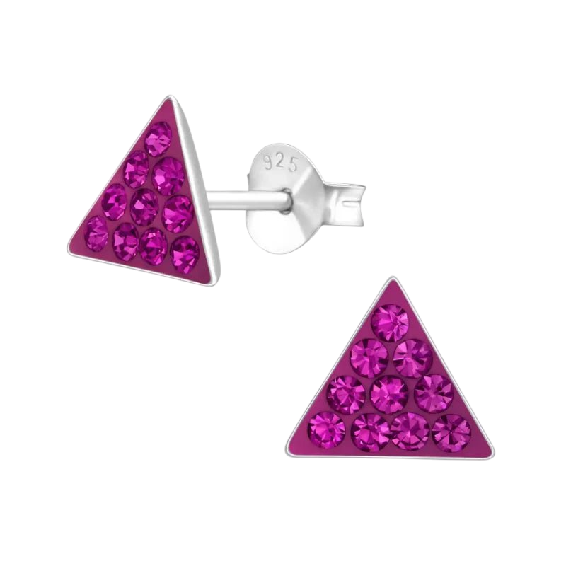 Silver Crystal Triangle Earrings - Dark Pink 