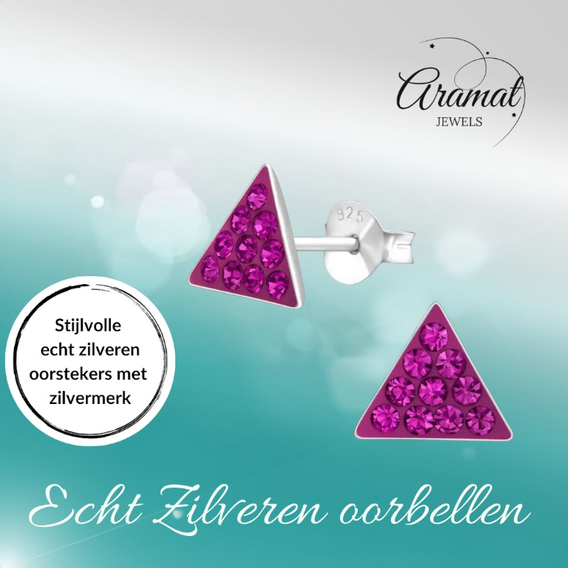 Silver Crystal Triangle Earrings - Dark Pink 