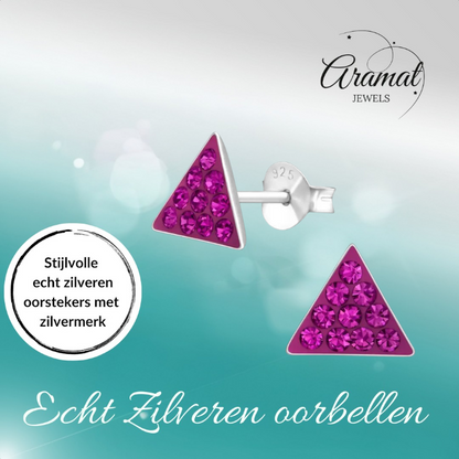 Silver Crystal Triangle Earrings - Dark Pink 