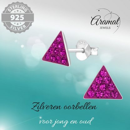 Silver Crystal Triangle Earrings - Dark Pink 