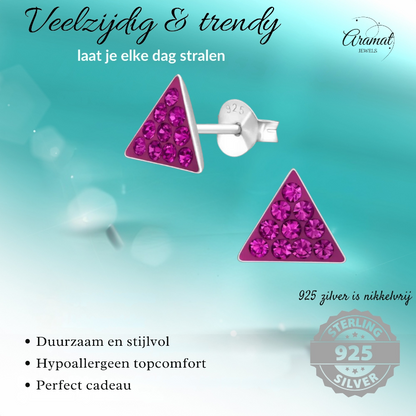 Silver Crystal Triangle Earrings - Dark Pink 