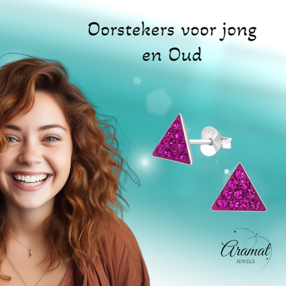 Silver Crystal Triangle Earrings - Dark Pink 