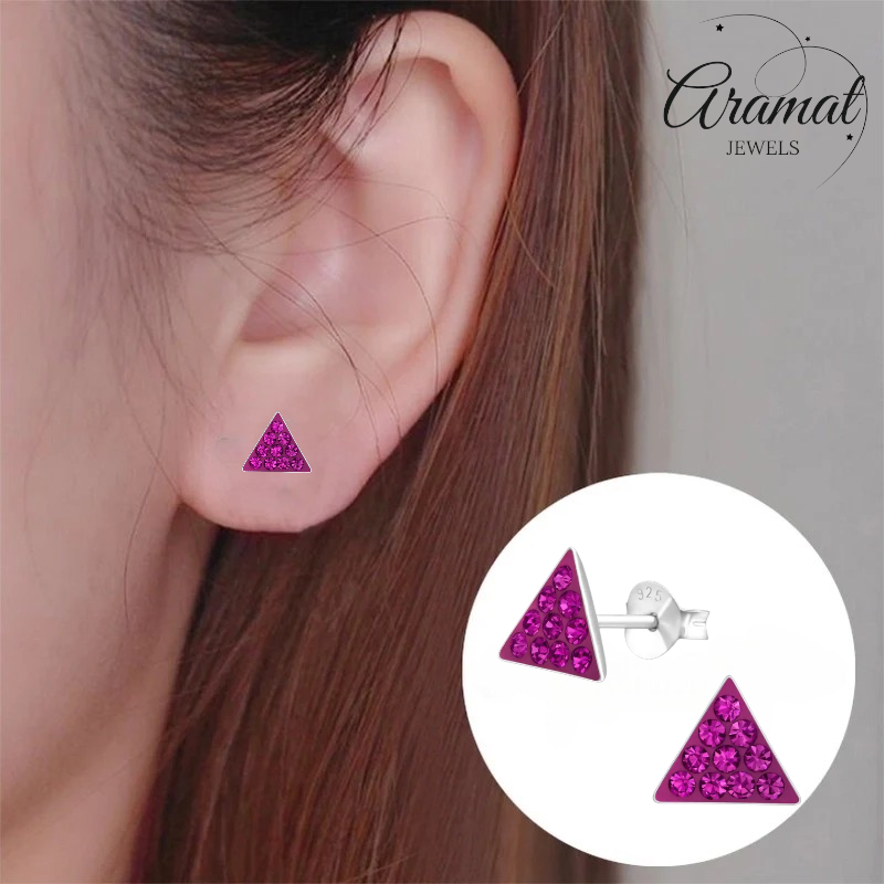 Silver Crystal Triangle Earrings - Dark Pink 