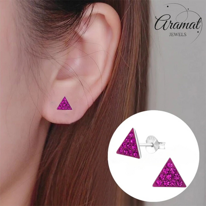 Silver Crystal Triangle Earrings - Dark Pink 
