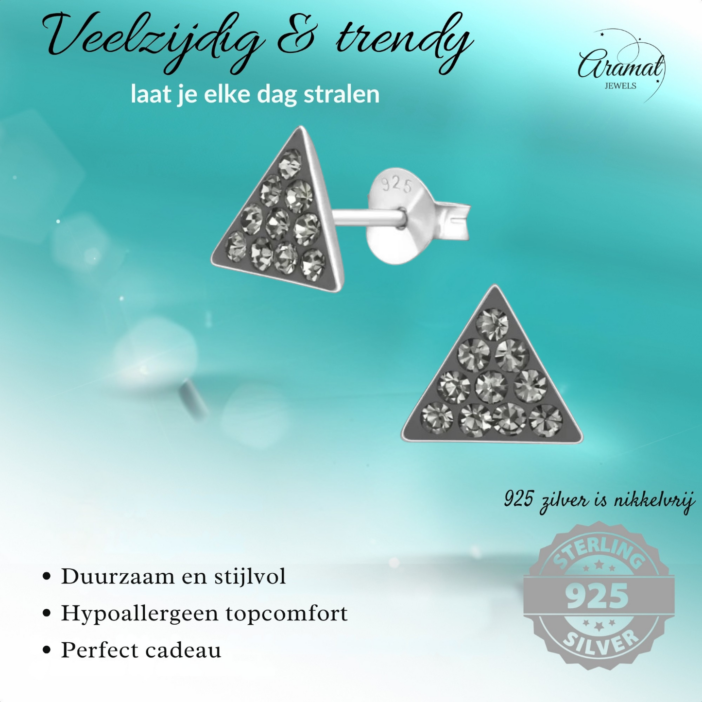 Silver Crystal Earrings Triangle Black Diamond