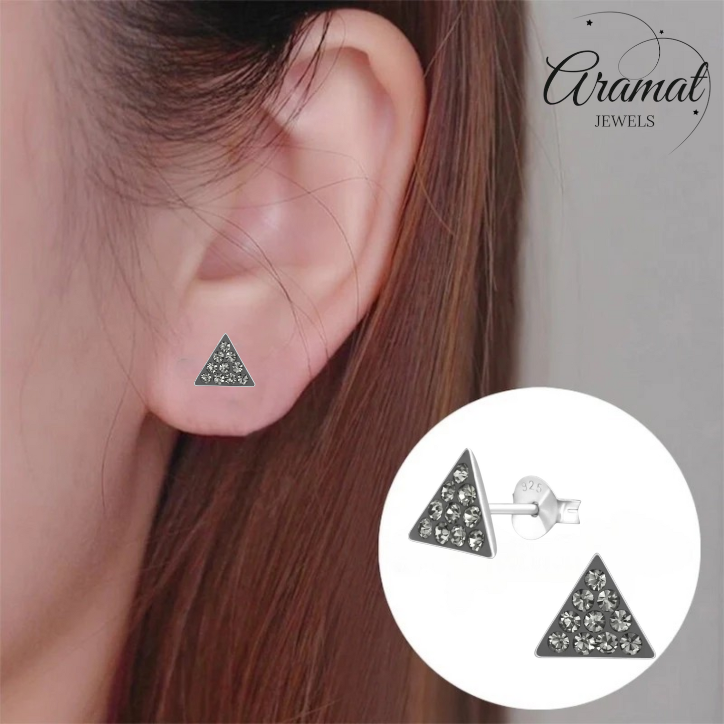 Silver Crystal Earrings Triangle Black Diamond
