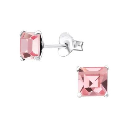 Sterling zilveren roze kristallen vierkante oorbellen
