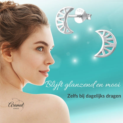 Zilveren Maan Oorbellen opengewerkt - 8x7mm - Aramat Jewels - Oorbellen - cadeautip