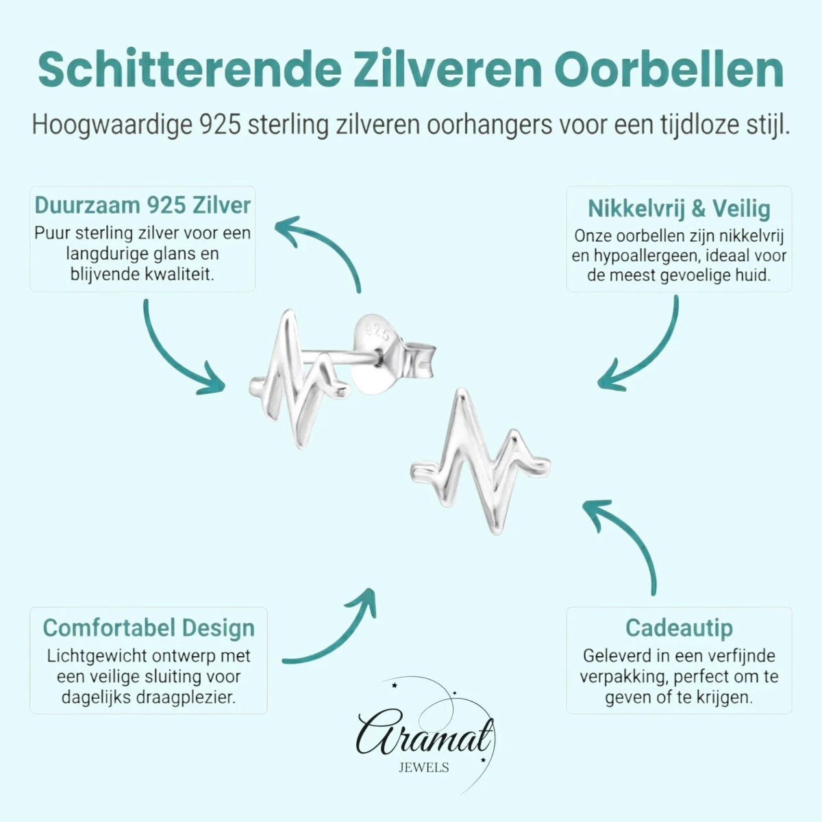 Zilveren Oorbellen hartslag symbool - Aramat Jewels - Oorbellen - cadeautip