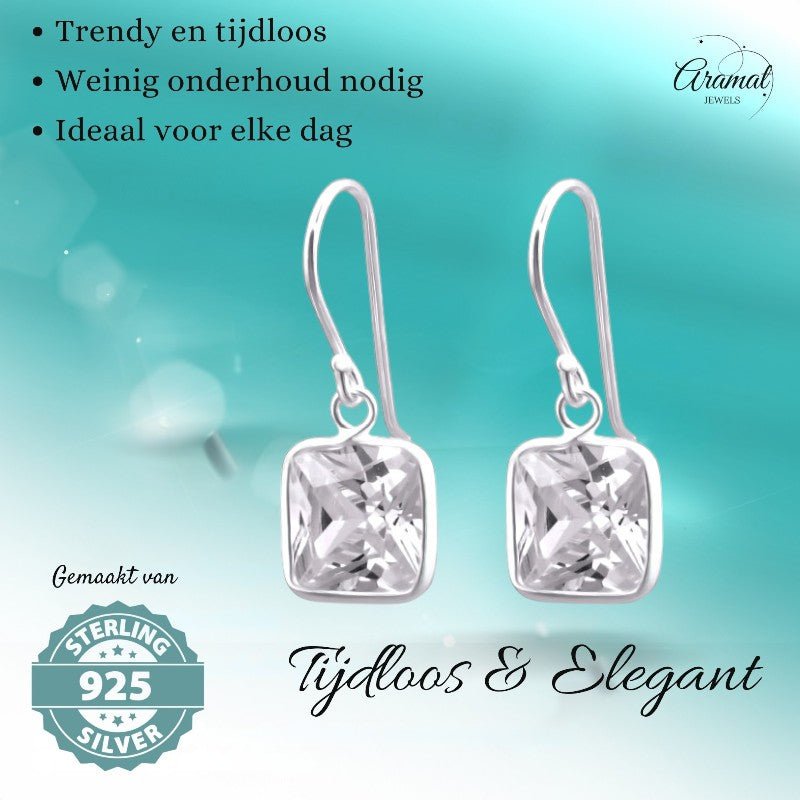 Zilveren Oorhangers met Vierkante Zirkonia - 20mm - oor1161 - 23938 - Oorhangers kopen# - 20mm - 925 Zilver