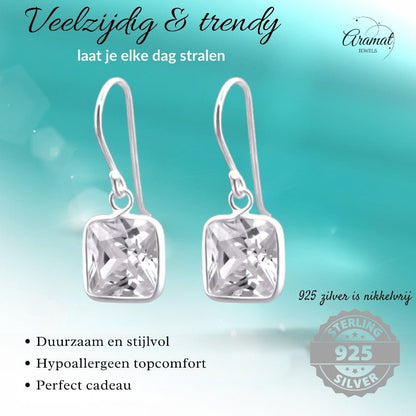 Zilveren Oorhangers met Vierkante Zirkonia - 20mm - oor1161 - 23938 - Oorhangers kopen# - 20mm - 925 Zilver