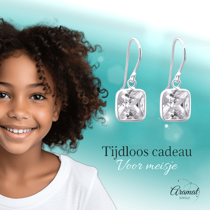 Zilveren Oorhangers met Vierkante Zirkonia - 20mm - oor1161 - 23938 - Oorhangers kopen# - 20mm - 925 Zilver