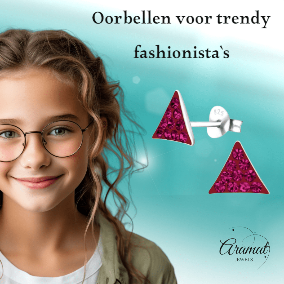 Zilveren oorstekers driehoek fuchsia roze kristal - Aramat Jewels - Oorbellen - cadeautip