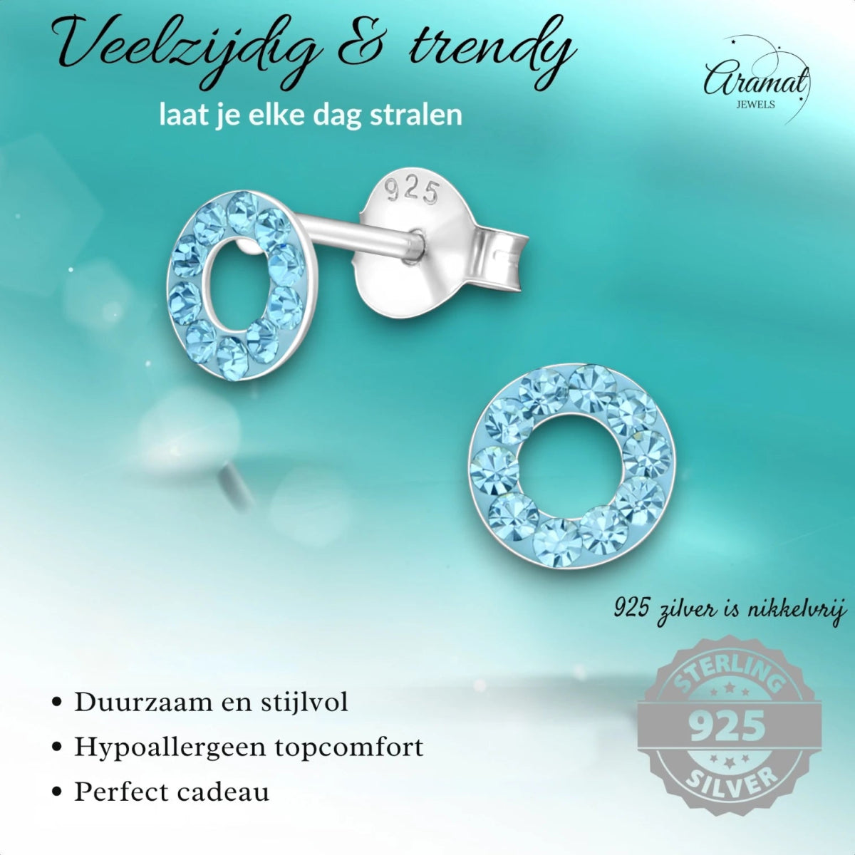 Zilveren open cirkel oorbellen aqua blauw - Aramat Jewels - Oorbellen - cadeautip
